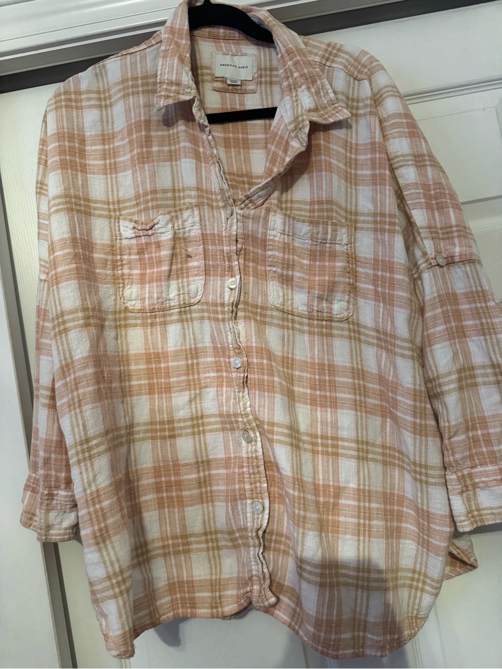 American Eagle Outfitters Peach & White Plaid Button-Down Shirt